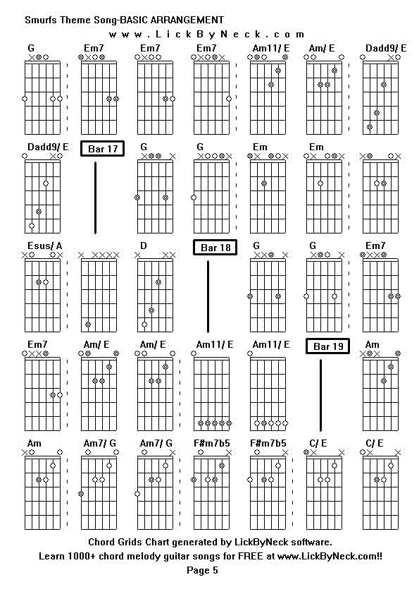 Chord Grids Chart of chord melody fingerstyle guitar song-Smurfs Theme Song-BASIC ARRANGEMENT,generated by LickByNeck software.